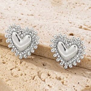 Silver Heart Stud Earrings - Sparkling Crystal Border